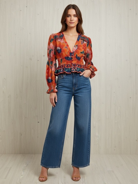FARM Rio Tops - NWT Farm Rio Tropical Floral Sheer Ruffle Peplum Blouse Size Small